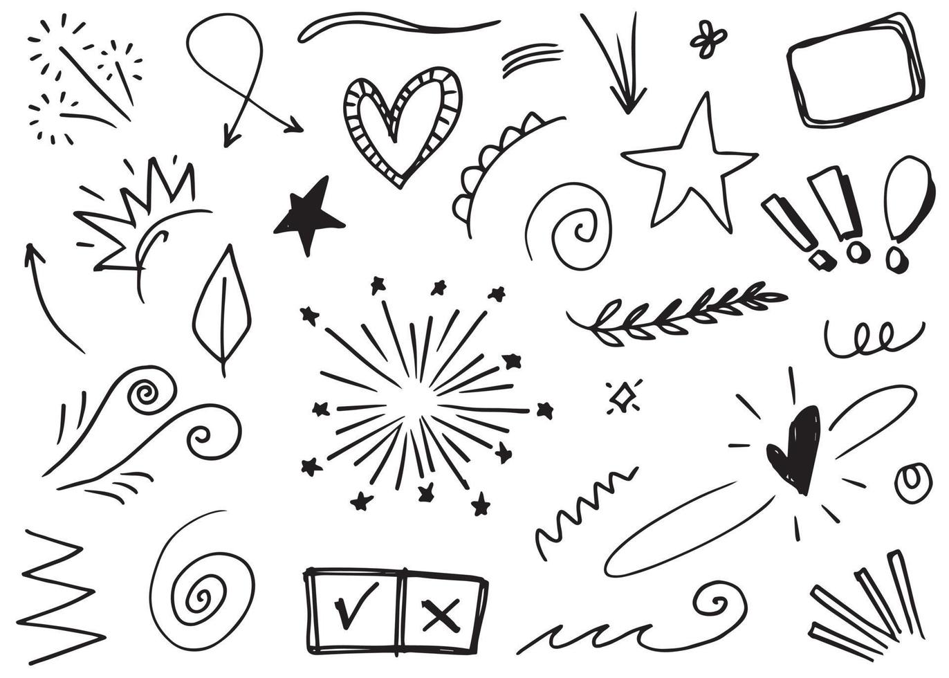 Abstract arrows, ribbons, crowns, hearts, explosions and other elements in hand drawn style for concept design. Doodle illustration. Vector template for decoration