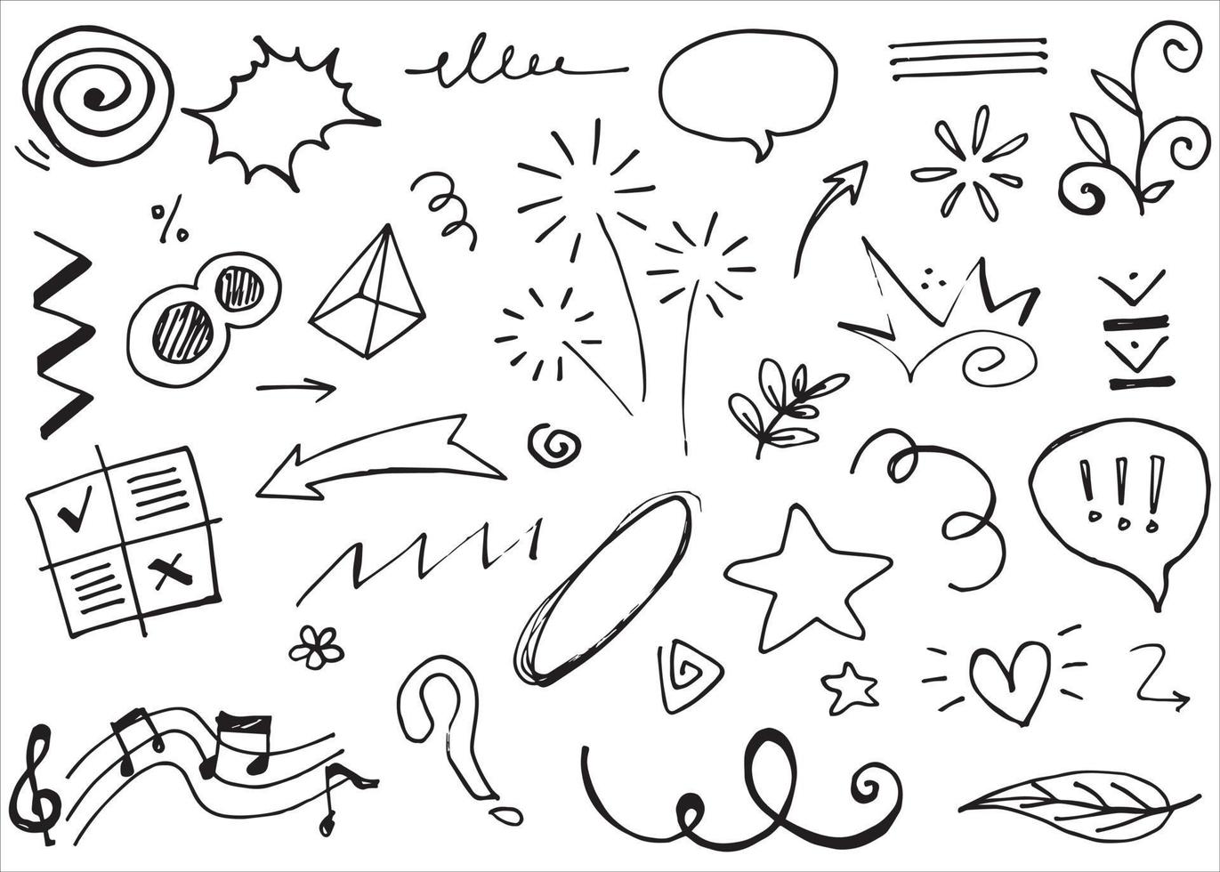 Abstract arrows, ribbons, crowns, hearts, explosions and other elements in hand drawn style for concept design. Doodle illustration. Vector template for decoration