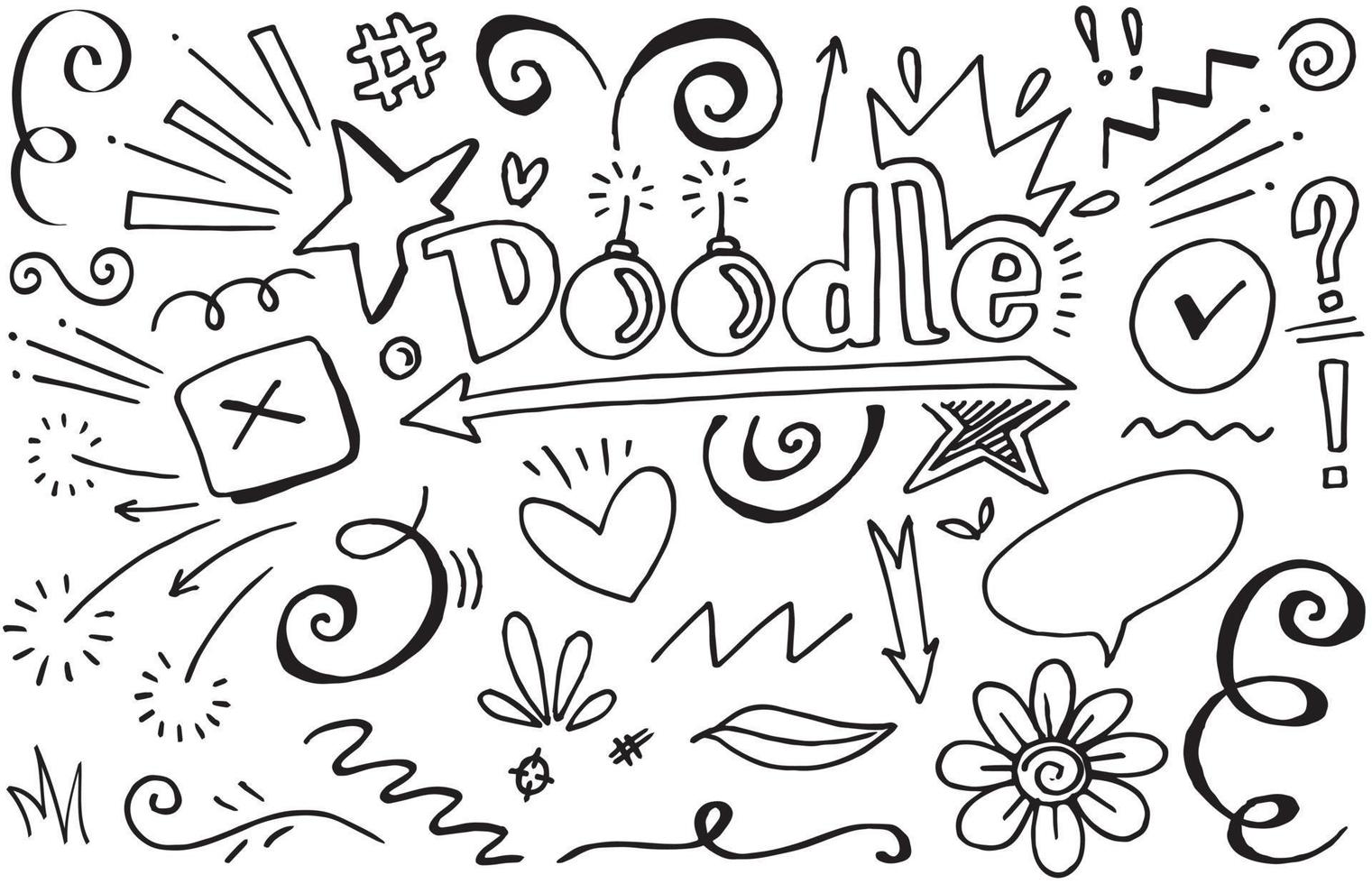 Abstract arrows, ribbons, crowns, hearts, explosions and other elements in hand drawn style for concept design. Doodle illustration. Vector template for decoration