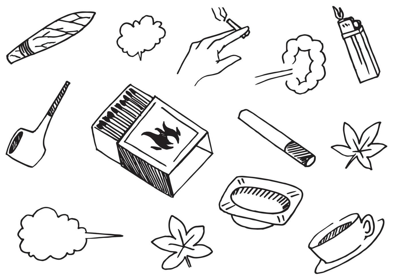 Hand drawn set elements, pipes, matches, ashtrays, cigarettes, tobacco, cigars and other elements in hand drawn style for concept design. Scribble illustration. Vector illustration.