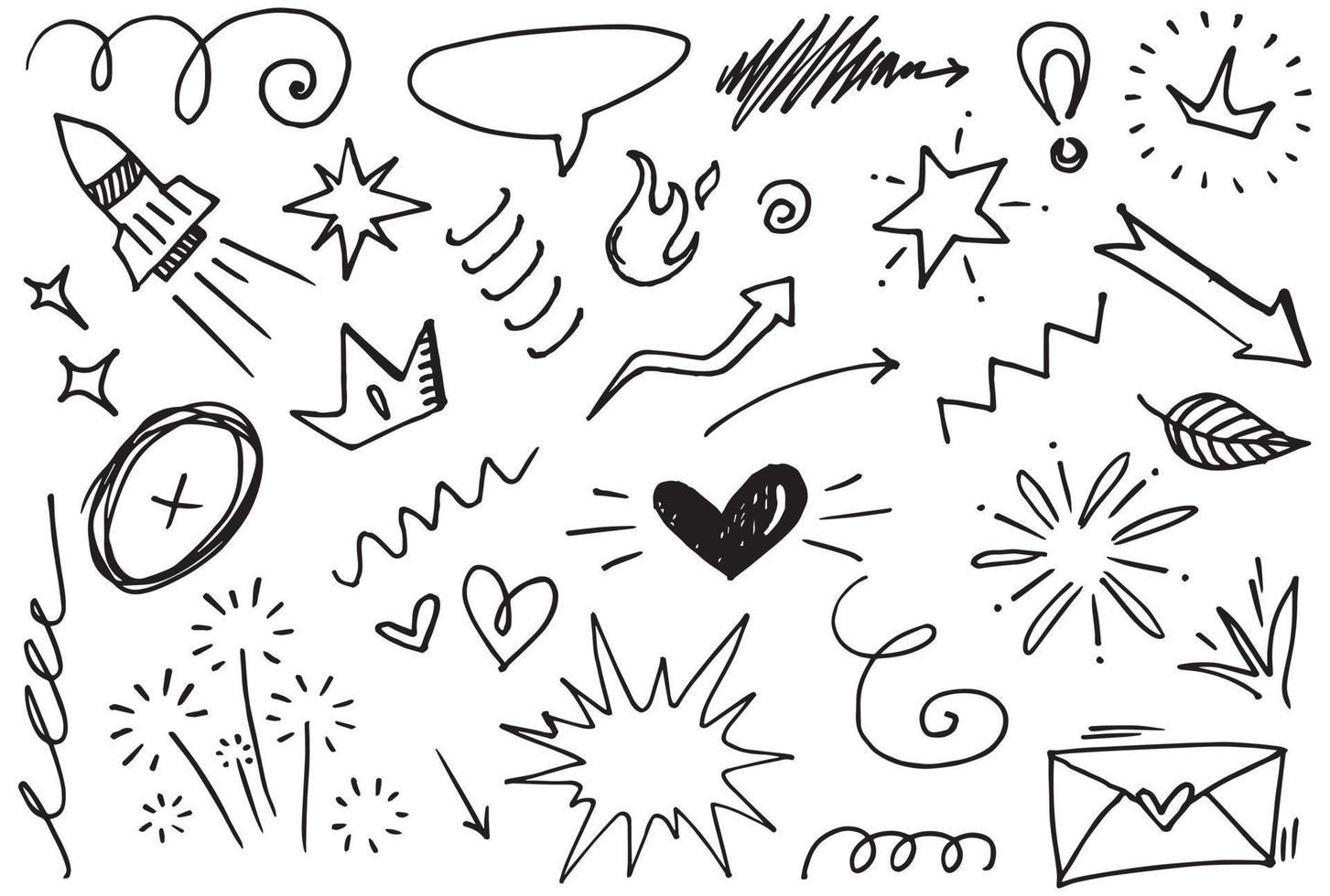 Abstract arrows, ribbons, crowns, hearts, explosions and other elements in hand drawn style for concept design. Doodle illustration. Vector template for decoration