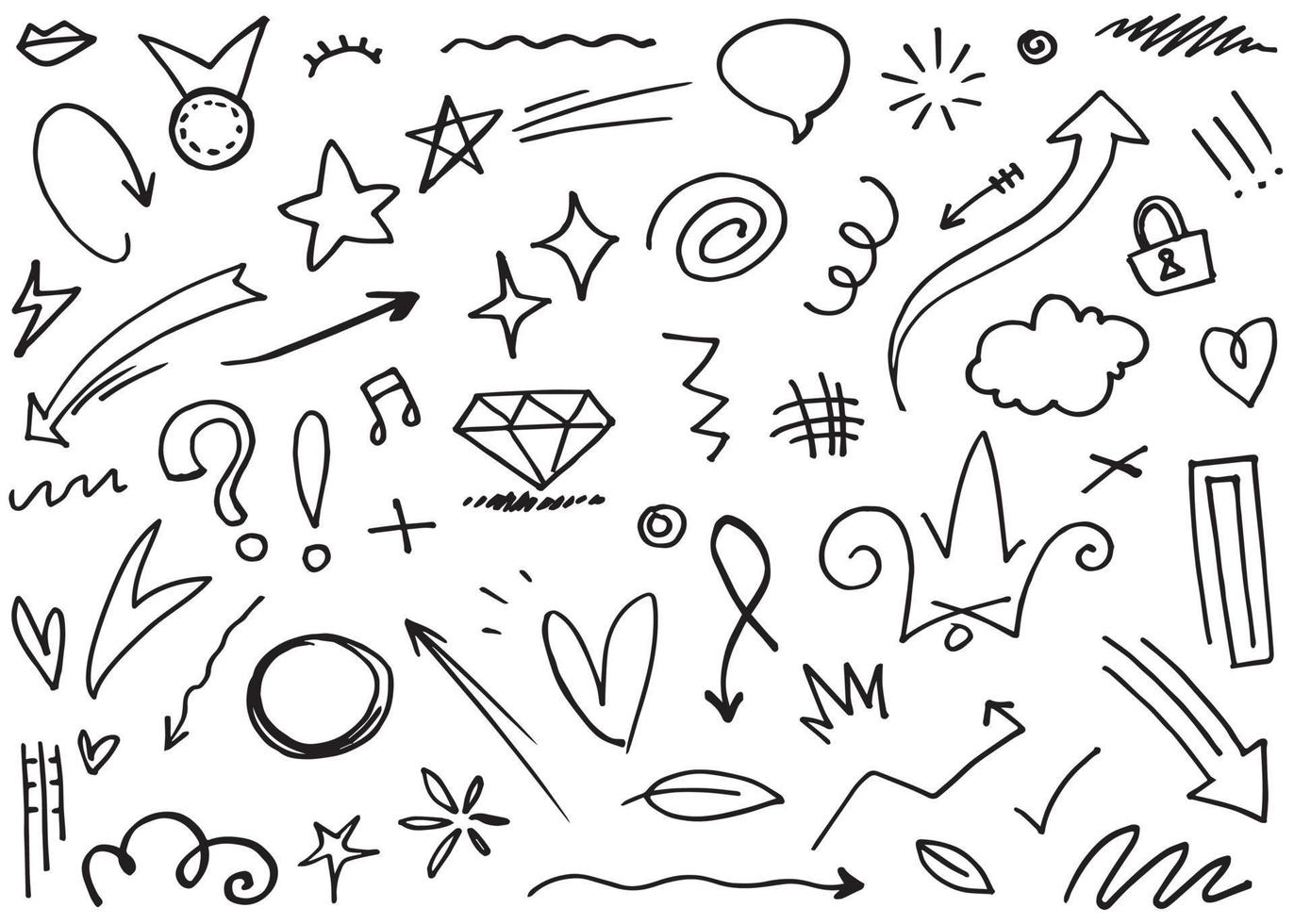 Abstract arrows, ribbons, crowns, hearts, explosions and other elements in hand drawn style for concept design. Doodle illustration. Vector template for decoration