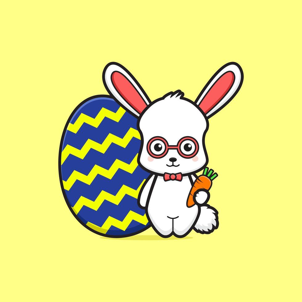 Cute rabbit character wearing glasses and holding carrot with egg cartoon vector icon illustration