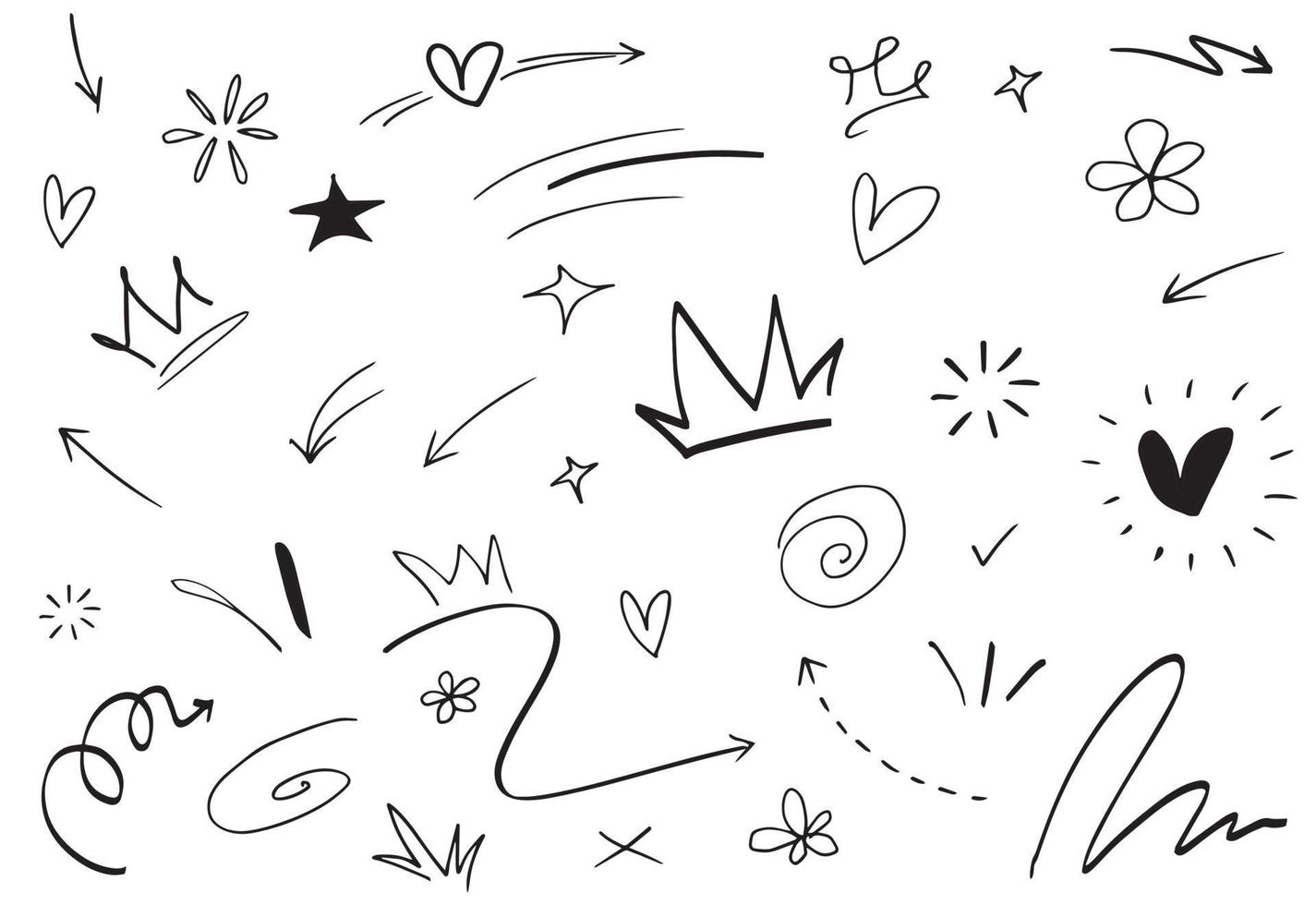 Abstract arrows, ribbons, crowns, hearts, explosions and other elements in hand drawn style for concept design. Doodle illustration. Vector template for decoration