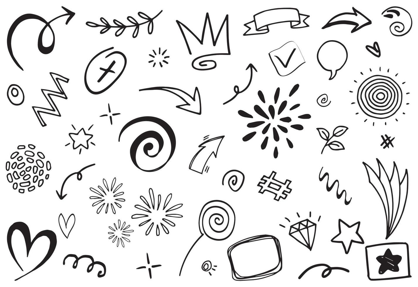 Abstract arrows, ribbons, crowns, hearts, explosions and other elements in hand drawn style for concept design. Doodle illustration. Vector template for decoration