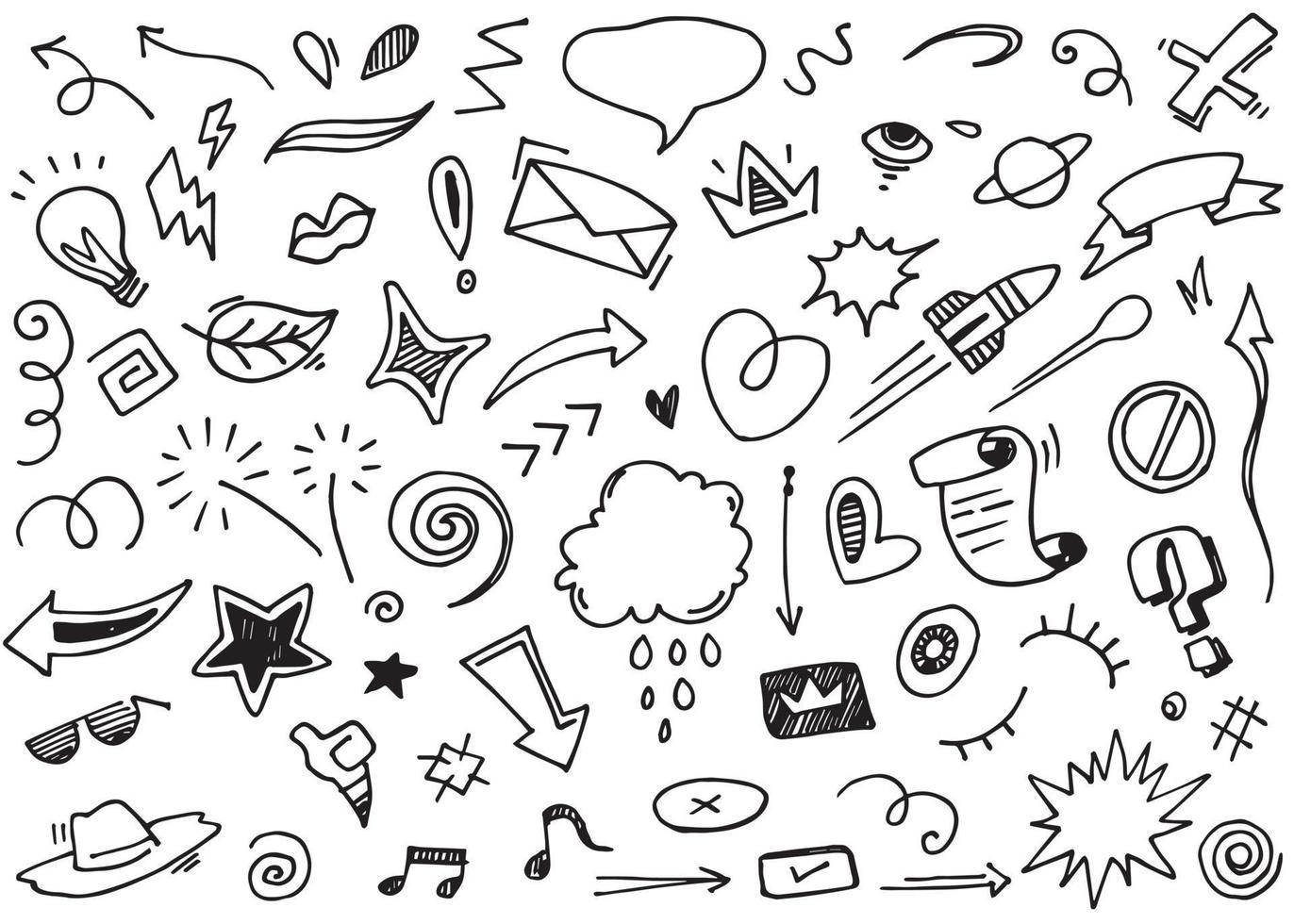 Abstract arrows, ribbons, crowns, hearts, explosions and other elements in hand drawn style for concept design. Doodle illustration. Vector template for decoration