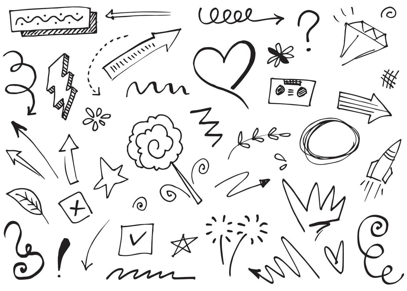 Abstract arrows, ribbons, crowns, hearts, explosions and other elements in hand drawn style for concept design. Doodle illustration. Vector template for decoration