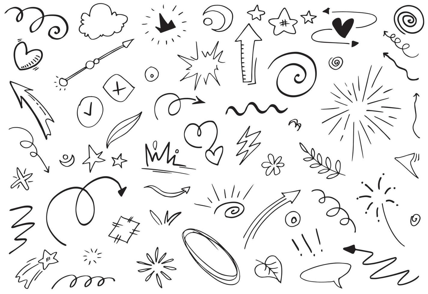 Abstract arrows, ribbons, crowns, hearts, explosions and other elements in hand drawn style for concept design. Doodle illustration. Vector template for decoration