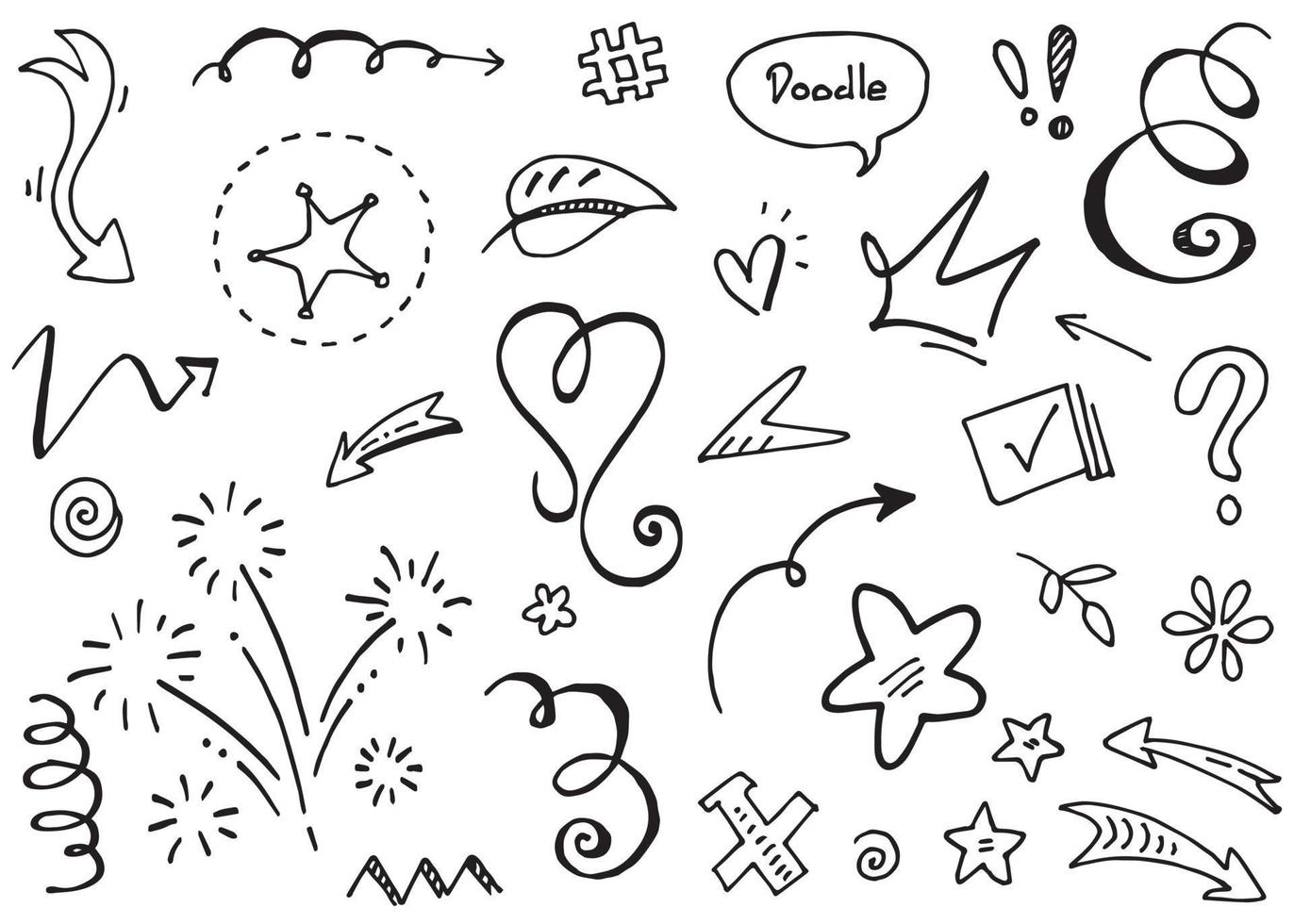 Abstract arrows, ribbons, crowns, hearts, explosions and other elements in hand drawn style for concept design. Doodle illustration. Vector template for decoration