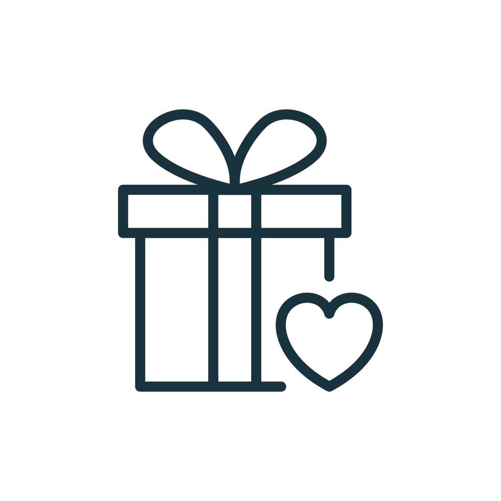 Gift Box with Ribbon Bow and Heart Line Icon. Giftbox in Donation and Charity Concept Linear Pictogram. Surprise Box for Holiday Outline Icon. Isolated Vector Illustration