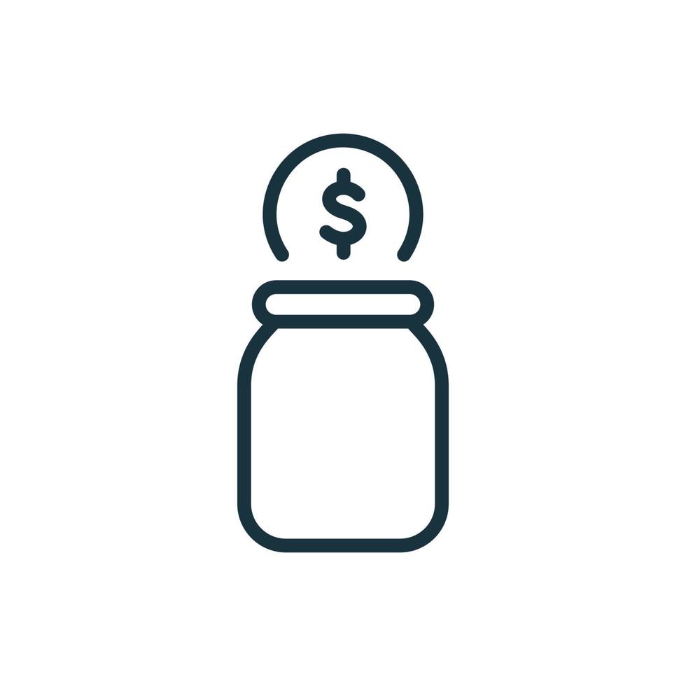 Moneybox with Falling Coin Line Icon. Glass Jar for Collect Money Linear Pictogram. Bottle for Save Cash Outline Icon. Isolated Vector Illustration.