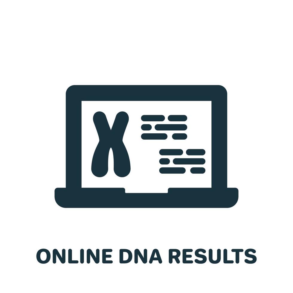 Online Dna Test Result on Laptop Screen Silhouette Icon. Genetic Information on Computer Pictogram. Result of Chromosome Online Test Glyph Icon. Isolated Vector Illustration.