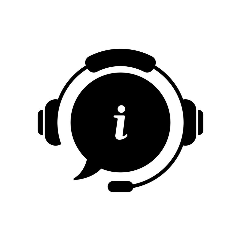 Information and Info Silhouette Icon. Support Service with Headphones. Headset wit Information Sign. Hotline and Helpline Concept. Online Help and Customer Support Pictogram. Vector Illustration.