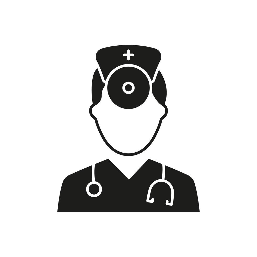 Otolaryngologist Doctor Silhouette Icon. Otolaryngology Medic Staff with Stethoscope, Mirror Black Pictogram. Ear, Nose, Throat Doctor Icon. Isolated Vector Illustration.