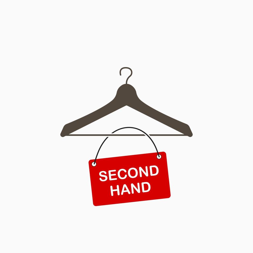 Second hand concept. Hanger icon with red table. Sale of clothes flat icon. Vector