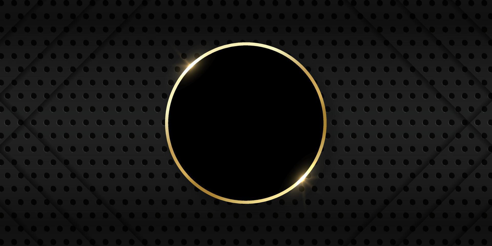 Black Metal Background with Circles. Perforated Pattern with Gold Ring. Golden Shiny Circle on Dark Sheet Metal Meshed Background. Grid Pattern. Abstract Modern Design. Vector Illustration.