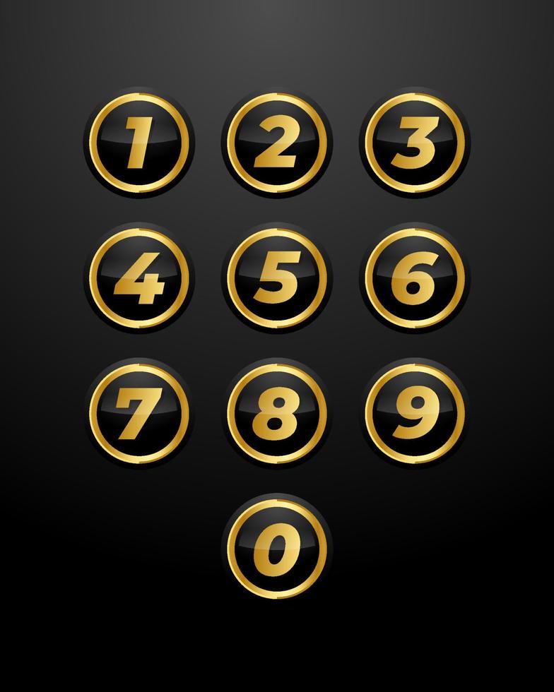 Set of luxury number golden color in glossy circle shape button vector illustrartion