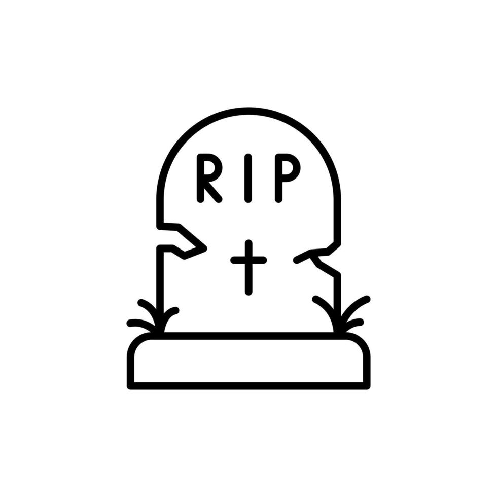 Black Tombstone on Grave with Text RIP Line Icon. Halloween Grave Outline Pictogram. Headstone with Cross and Text Rest in Peace Linear Icon. Editable Stroke. Isolated Vector Illustration.