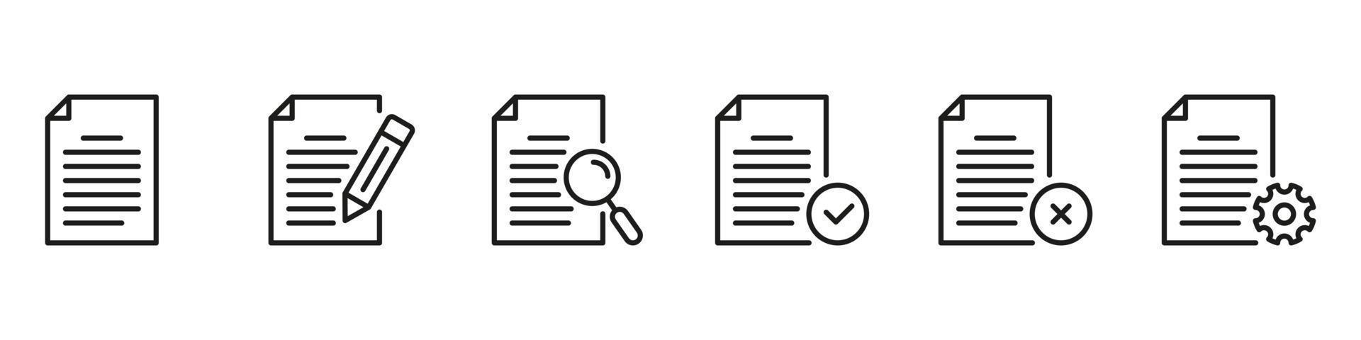 Paper Document Line Icons Set. File and Paper Pages Collection. Black Business Documents Symbol with Pencil, Gear, Magnifier Outline Icons. Isolated Vector Illustration.