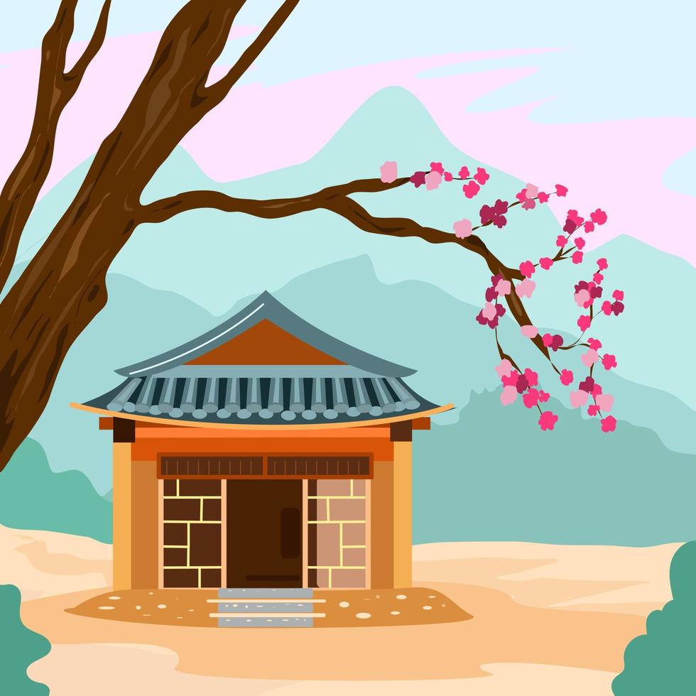 Hanok Korean house and sakura branch with flowers. vector