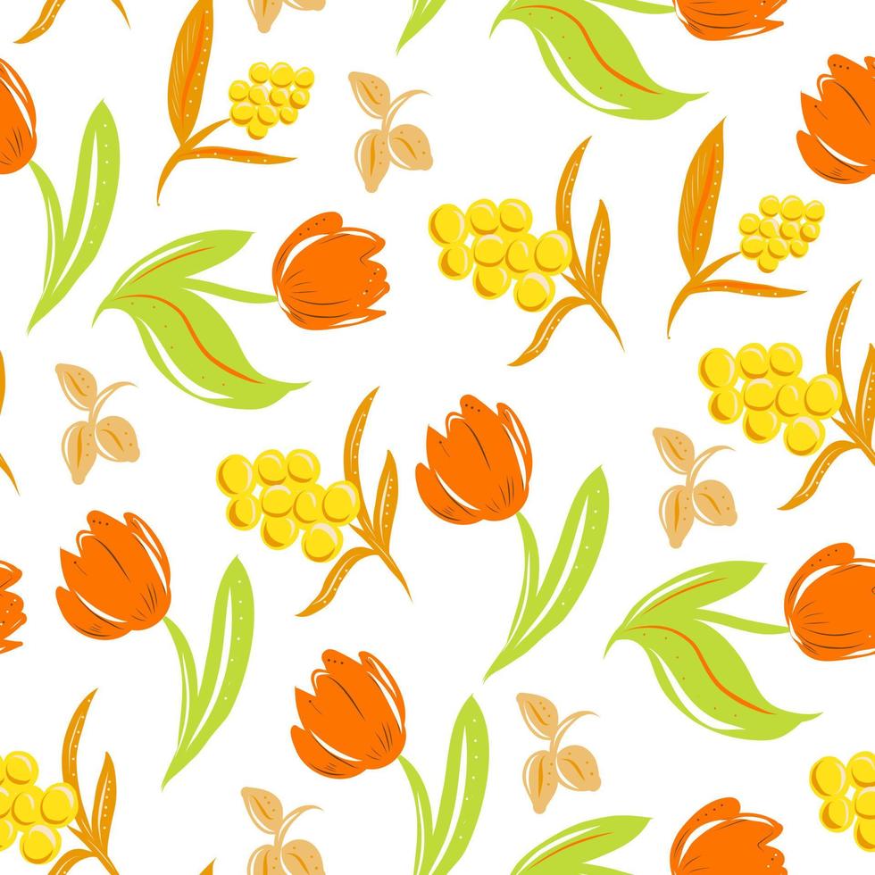 patrón sin costuras con tulipanes y mimosa. vector