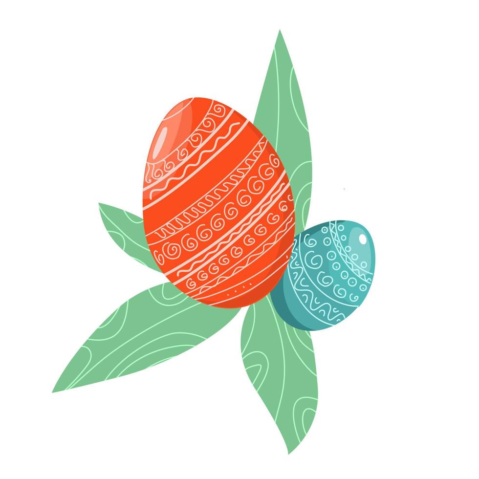 Easter eggs of red and blue color and leaves. vector