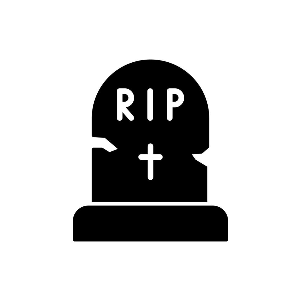 Black Tombstone on Grave with Text RIP Silhouette Icon. Halloween Grave Glyph Pictogram. Headstone with Cross and Text Rest in Peace Icon. Isolated Vector Illustration.