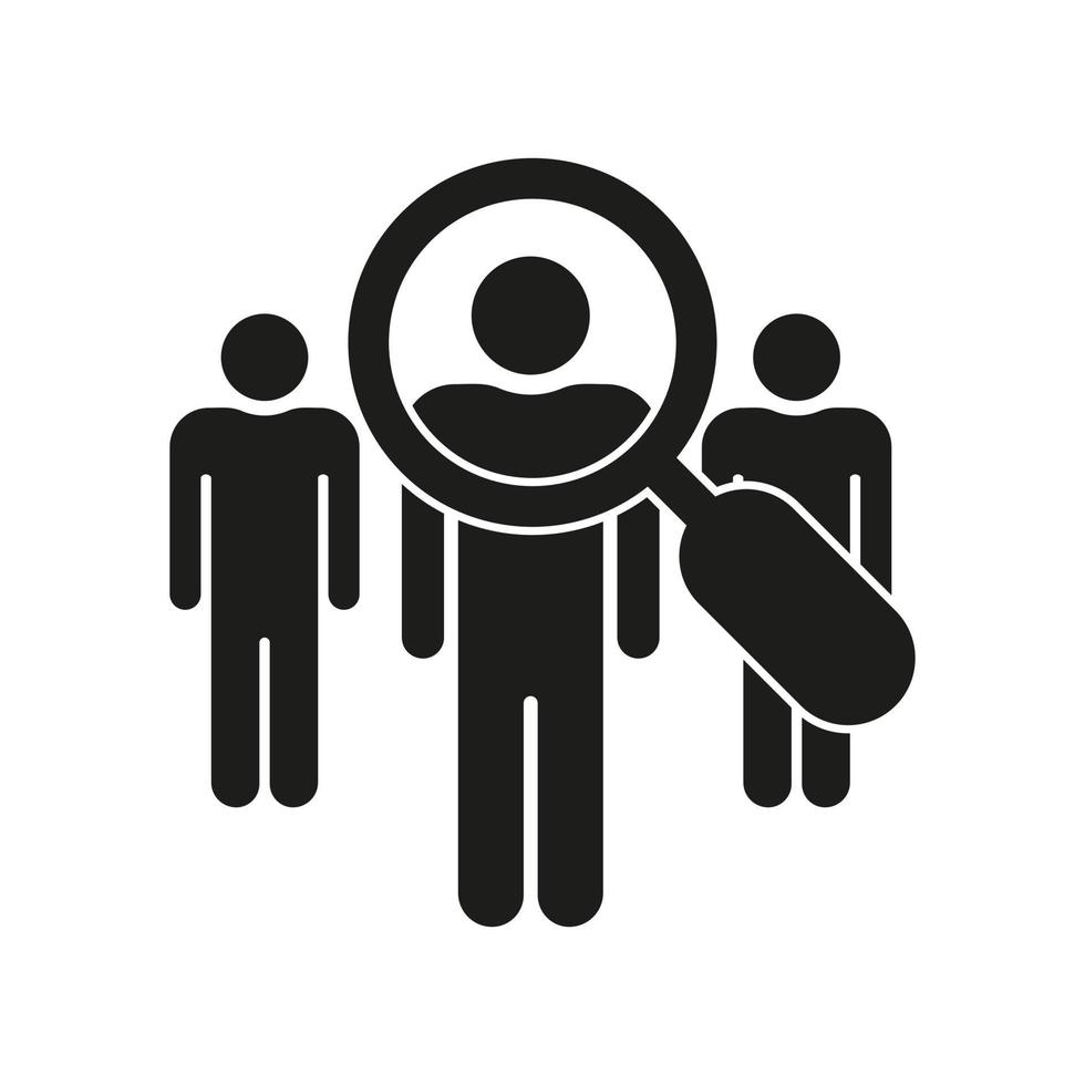 Search Human Candidate for Job Icon. Find Work Team Candidate Pictogram. People and Glass Recruit Concept Symbol. Research Talent Employee Icon. Hire Employee. Isolated Vector Illustration.