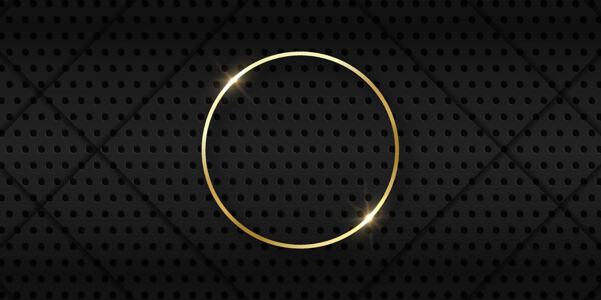 Abstract Black Metallic Wallpaper with Gold Ring and Lines. Metal Dark Black Background Perforated by Dots. Glow Circle on Steel Metal Backdrop. Abstract Modern Design. Vector Illustration.