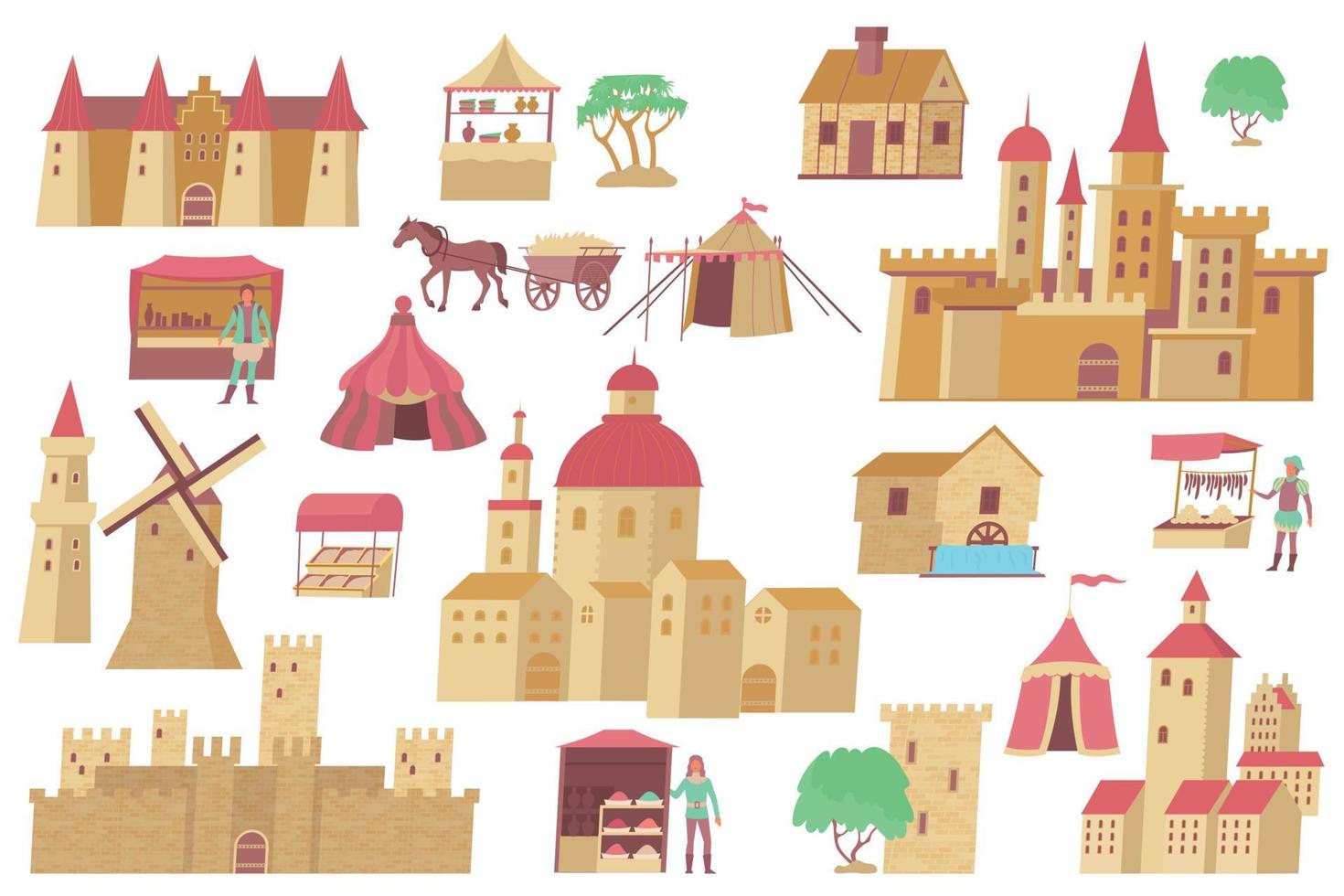 Medieval Town Flat Set vector