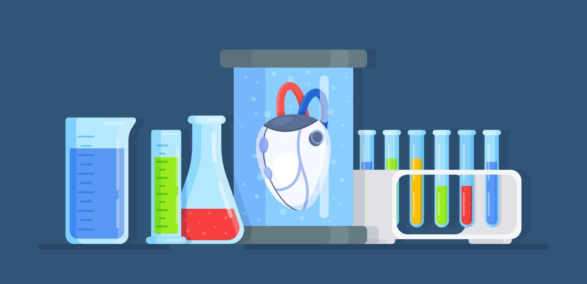 Vector illustration of artificial heart research. Concept of research against a background of flasks.