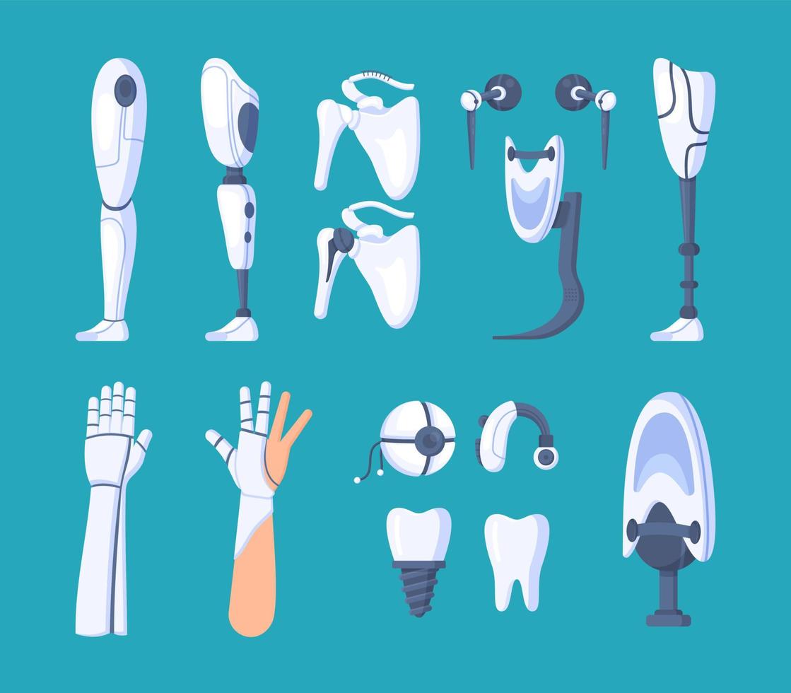 ilustración vectorial de prótesis biónicas. un conjunto de partes del cuerpo humano. vector