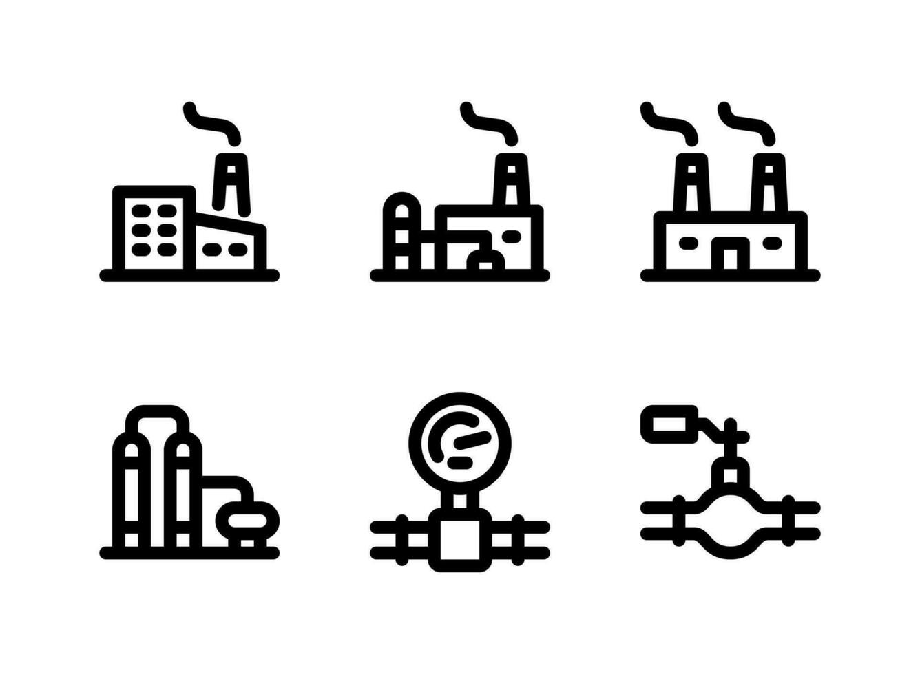 conjunto simple de iconos de línea de vector relacionados con la fábrica. contiene íconos como construcción industrial, refinería, tubería y más.