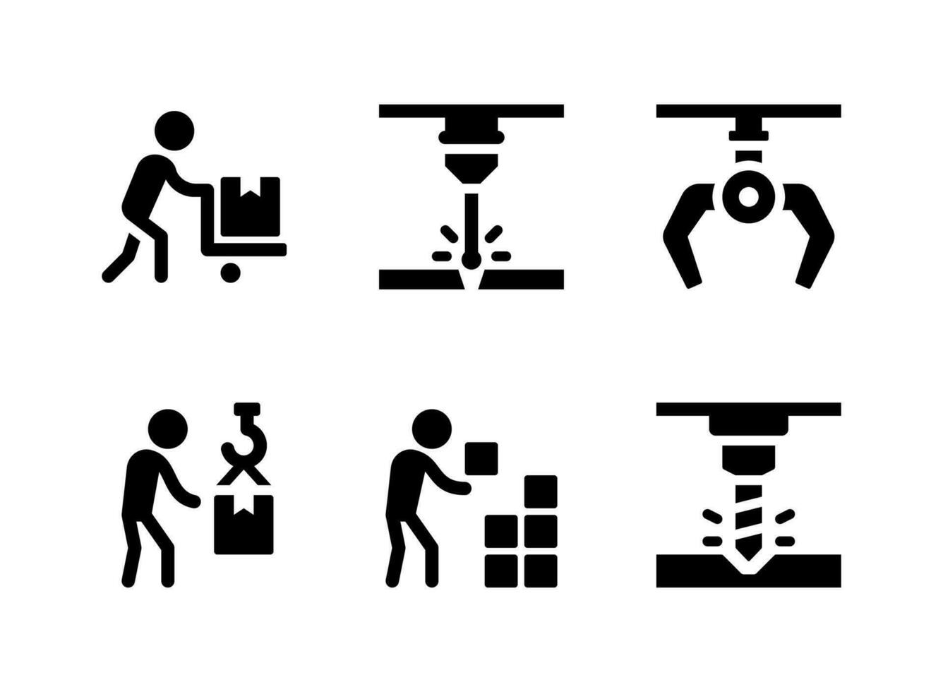 conjunto simple de iconos sólidos vectoriales relacionados con la actividad de fábrica. contiene íconos como entrega, soldadora, garra robótica y más. vector