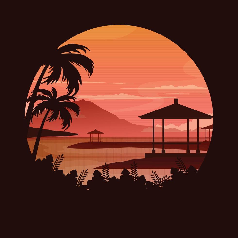 hermosa puesta de sol isla mar nusa dua playa bali paisaje círculo vista vector