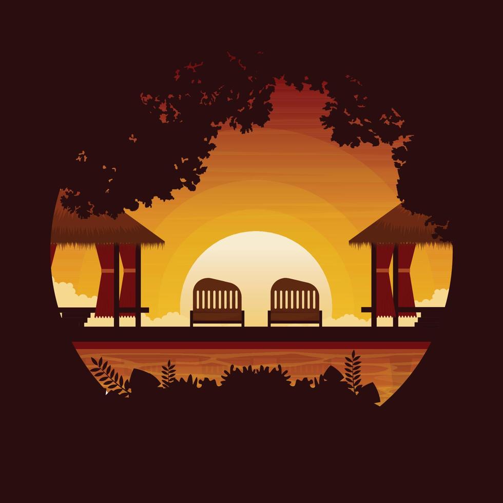 cabaña puesta de sol sol resort bali vacaciones paisaje círculo vista ilustración vector