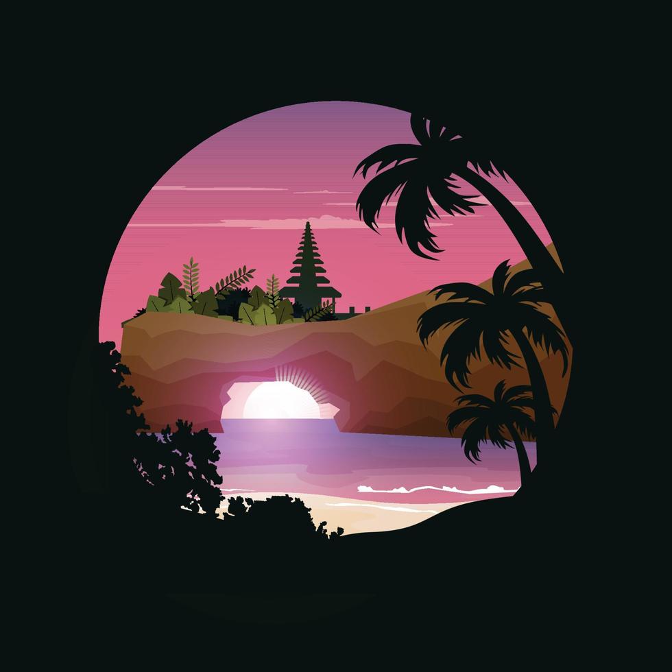 Sunset Island Tanah Lot Beach Bali Landscape Holiday Circle View vector
