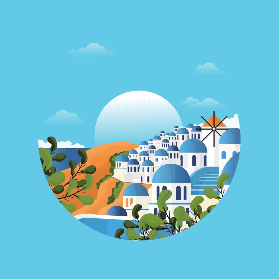 santorini grecia mar egeo ver vacaciones viajes giras círculo emblema vector