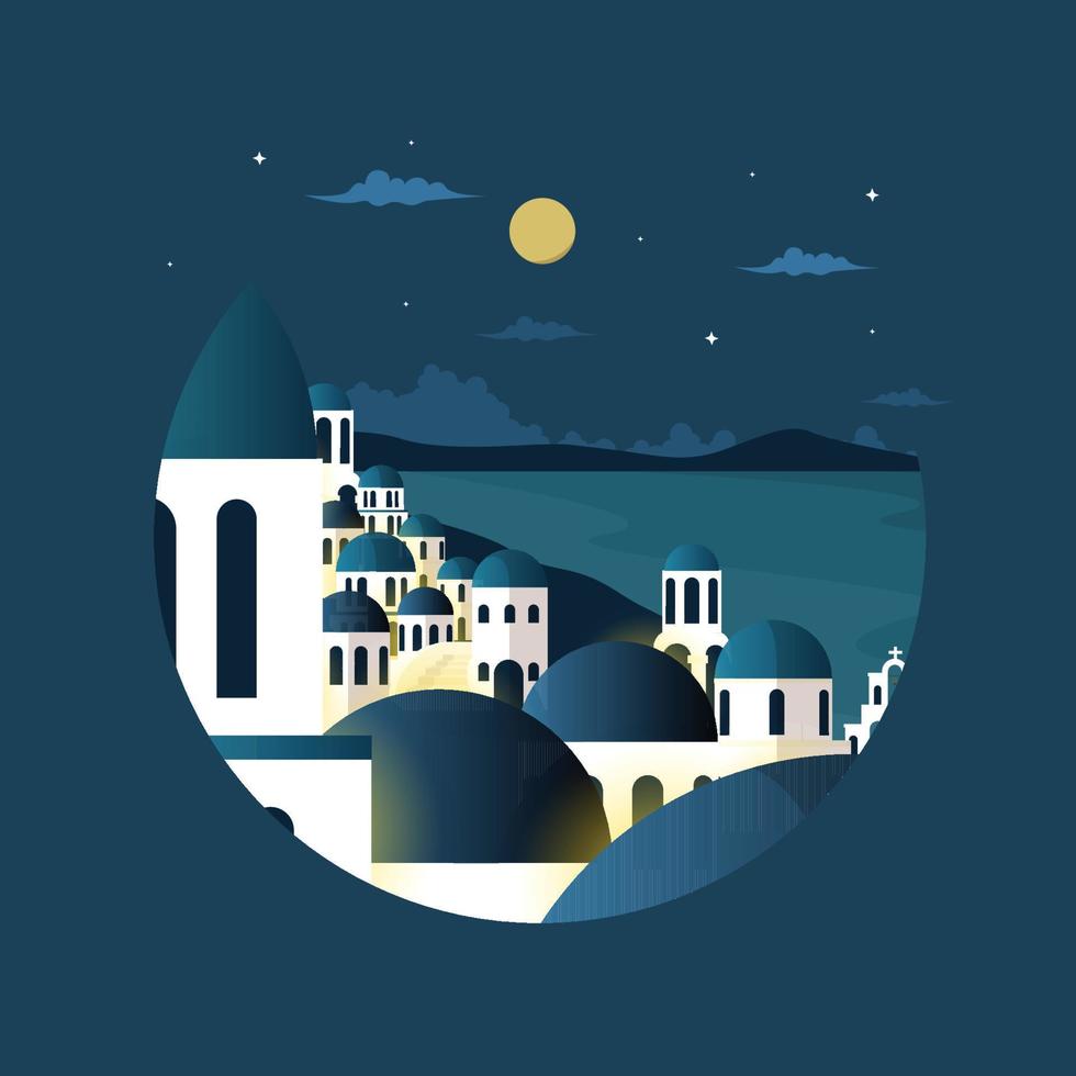 noche santorini grecia mar egeo vacaciones viajes gira círculo emblema vector