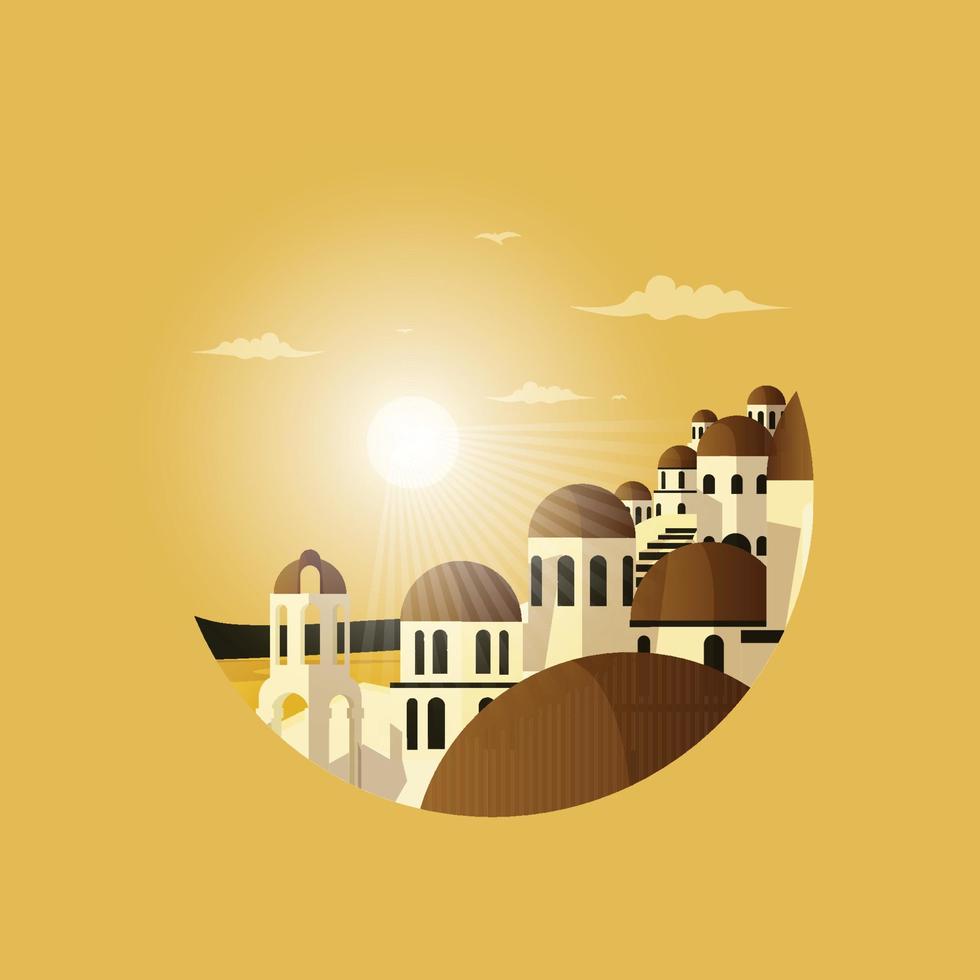 Sunset Santorini Greece Aegean Sea Vacation Travel Tour Circle Emblem vector