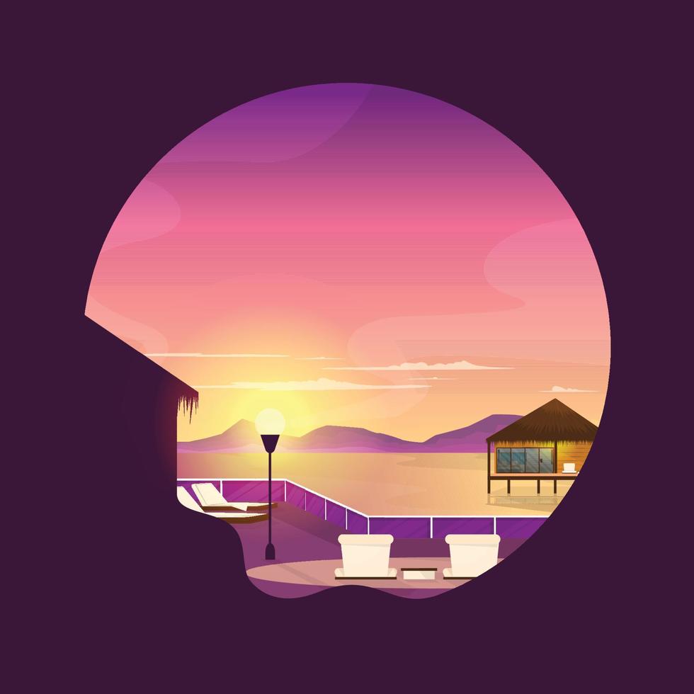 Sunset Maldives Sea Island Resort Hut Holiday Vacation Travel Circle View vector