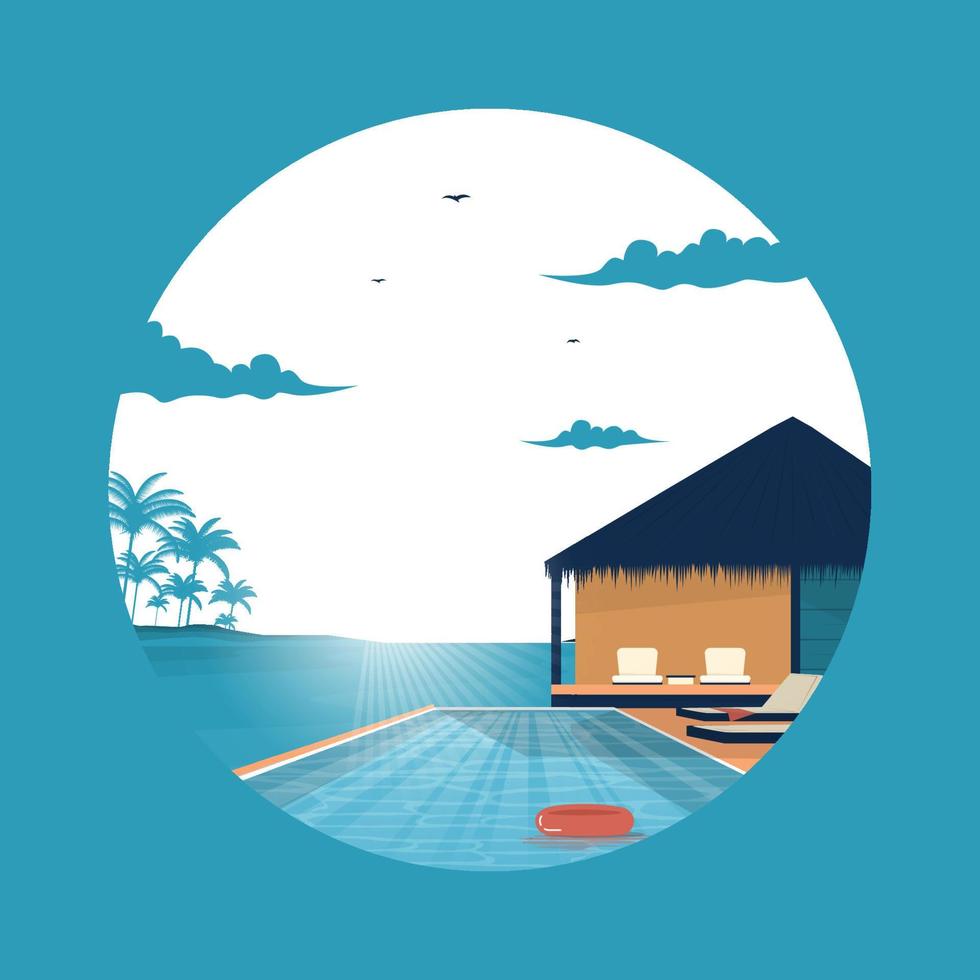 Beautiful Maldives Sea Island Resort Hut Holiday Vacation Travel Circle View vector