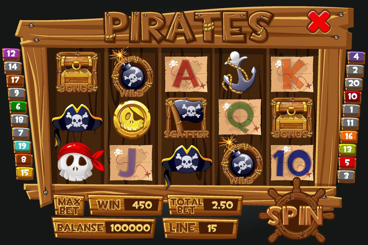 Pirates graphical interface and icons for slot machines. Wooden menu window for the game. vector