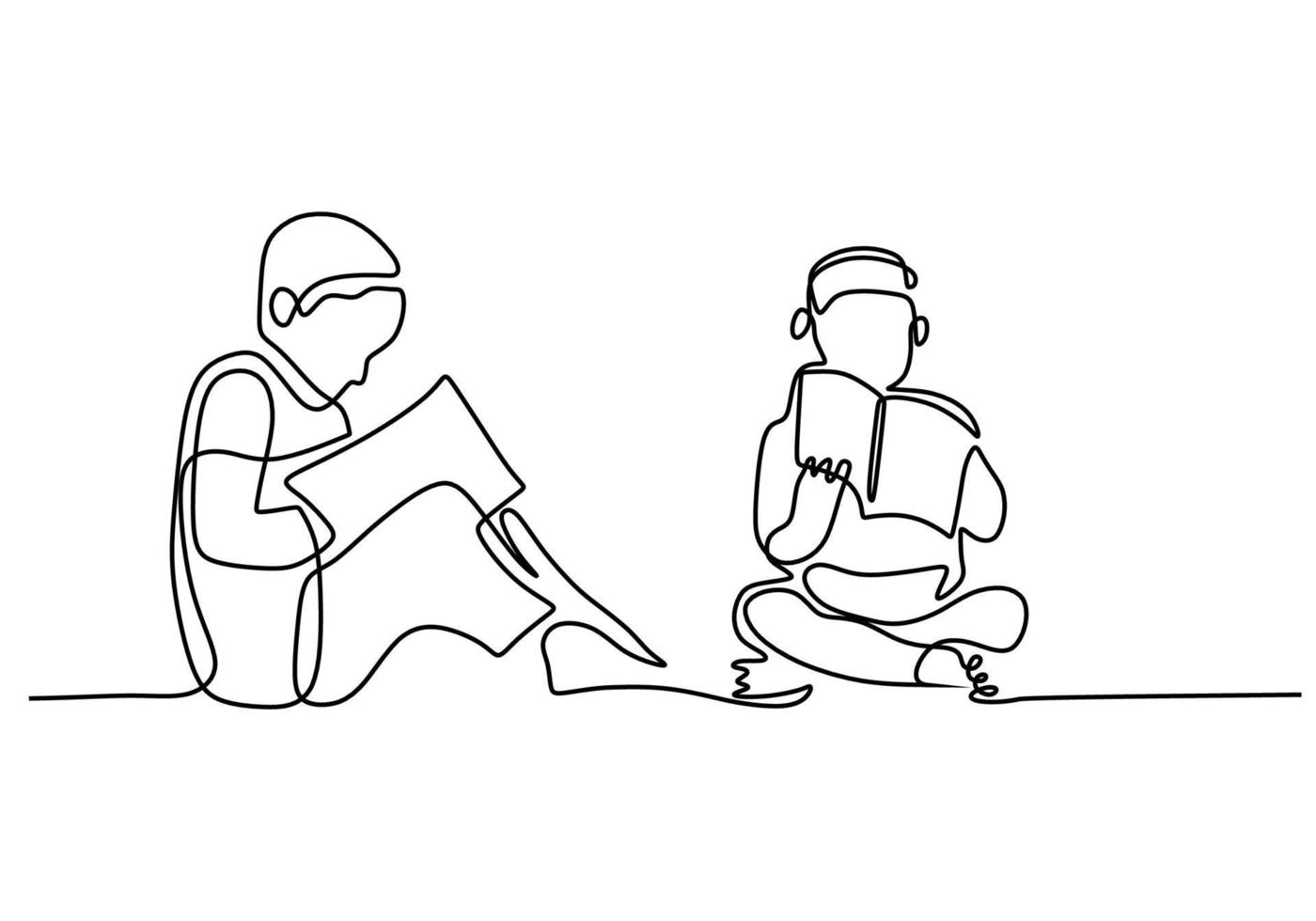 One continuous single line of two little boys reading book vector