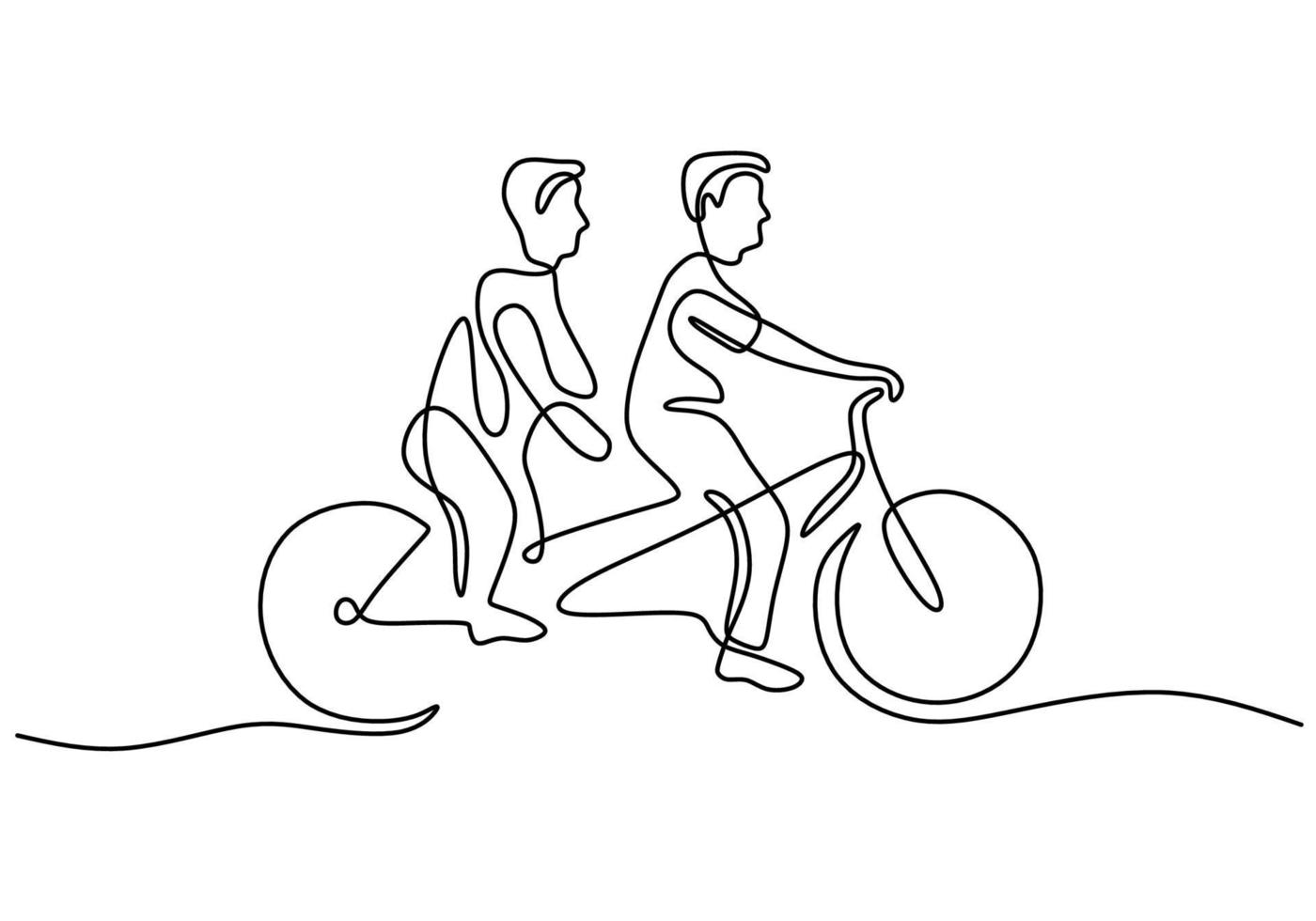 One continuous single line of two boys riding twin bike vector