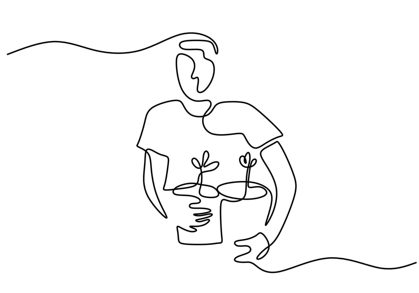 One continuous single line of man holding plant pot vector