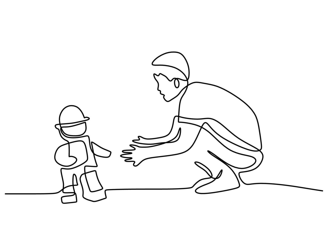 One continuous single line of boy playing with his little robot vector