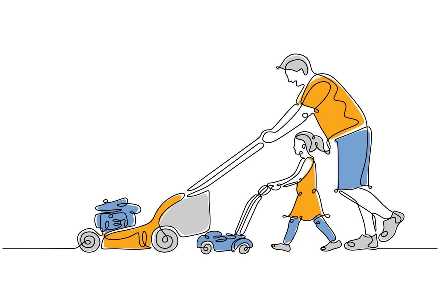 One single line drawing of dad and his daughter gardening together. vector