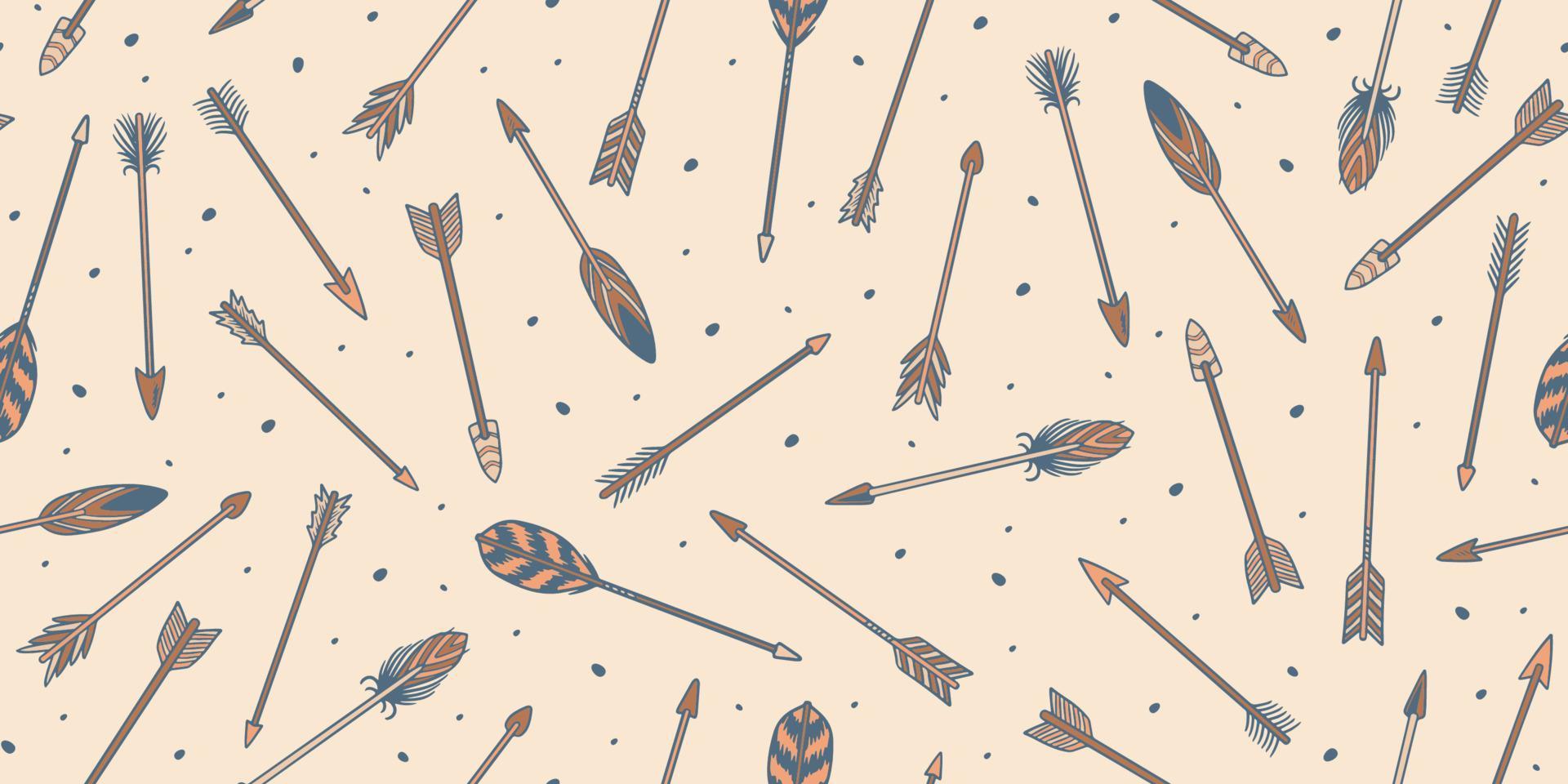 Set of seamless bird feather arrow pattern hand drawn tribal style. vector