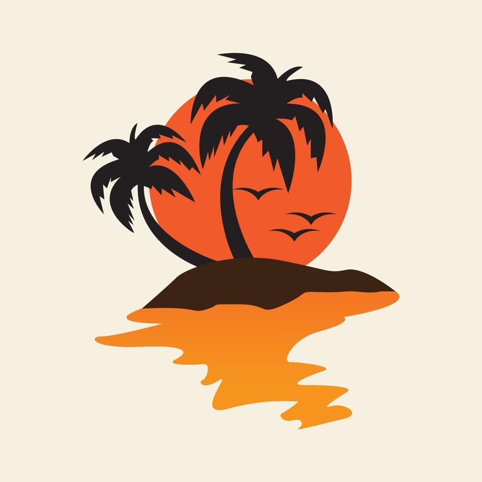 puesta de sol en la playa con cocotero y ave voladora logo vector icono símbolo diseño gráfico ilustración